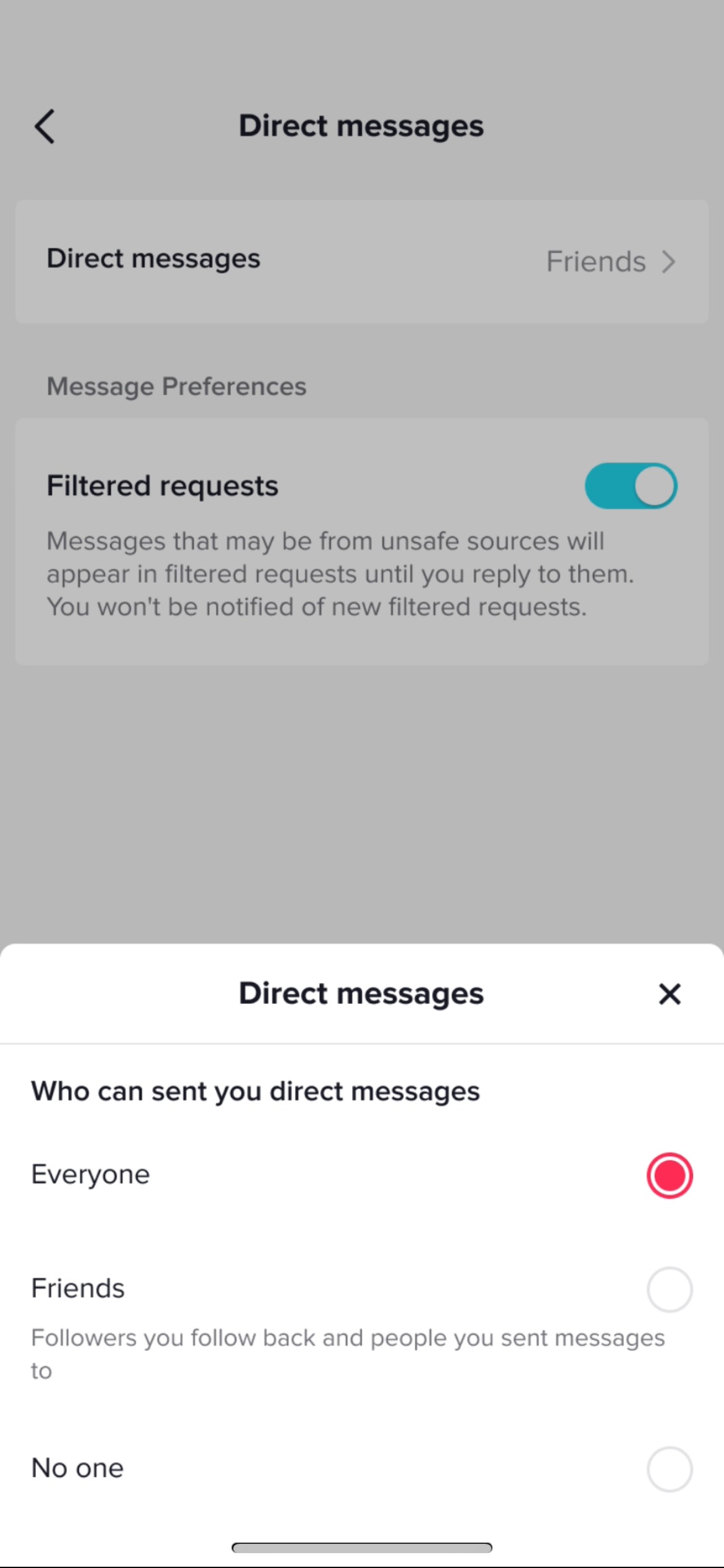 Configuración de mensajes directos en TikTok. (TikTok)