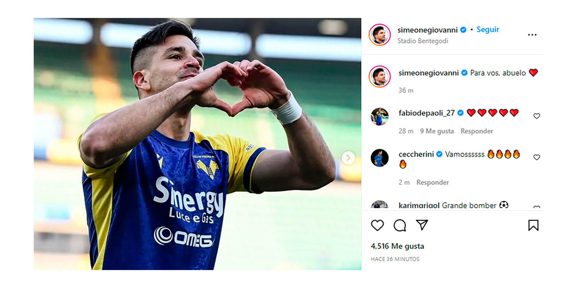 El posteo de Gio dedicándole el gol a su abuelo