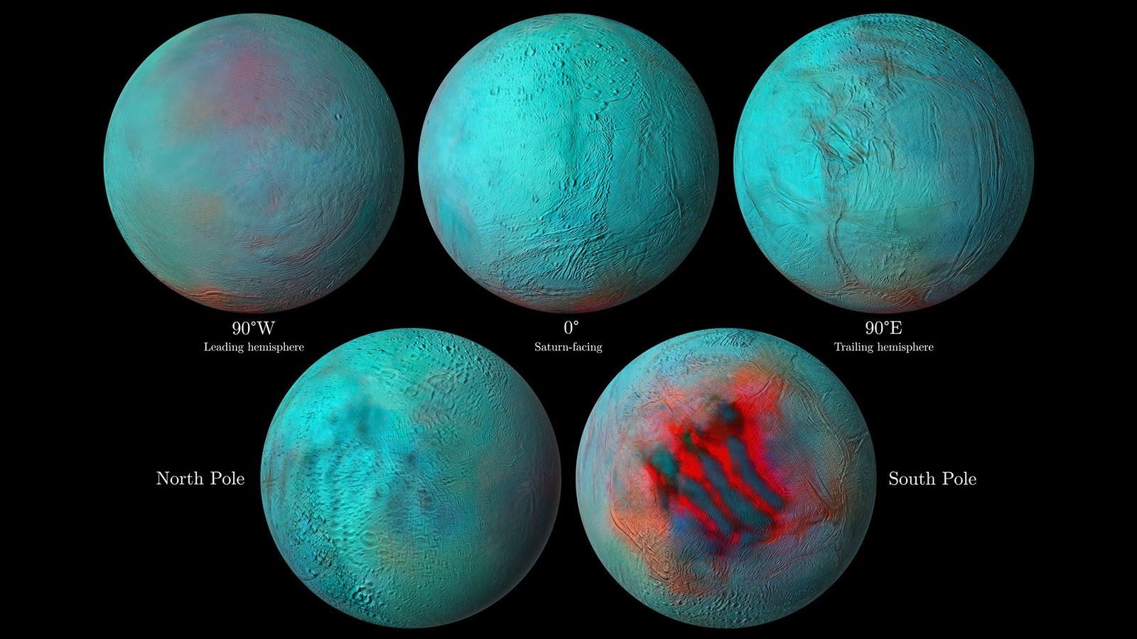 En estas imágenes infrarrojas detalladas de Encélado, la luna helada de Saturno, las áreas rojizas indican hielo fresco que se ha depositado en la superficie. (NASA/JPL-CALTECH/)
