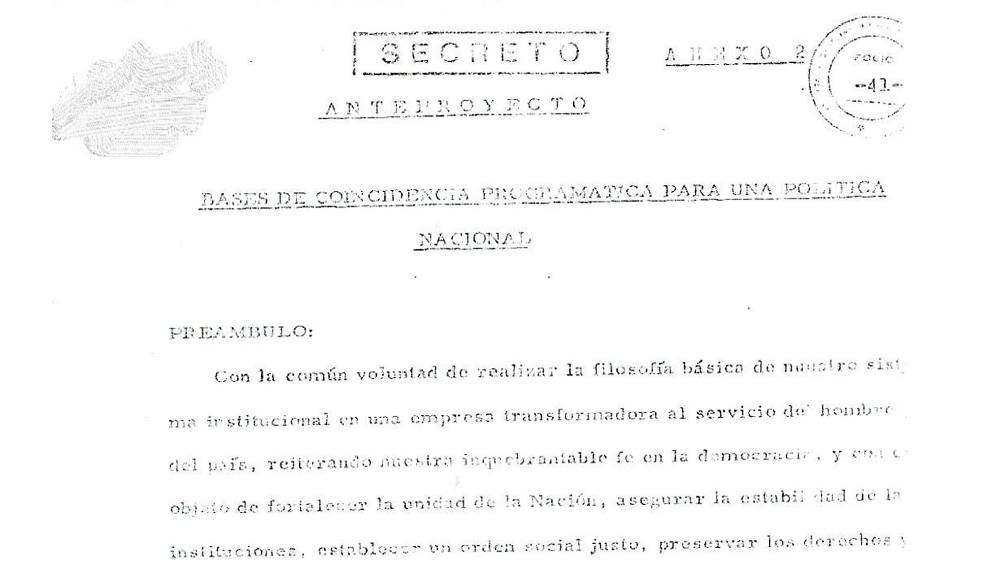 Acta de la Junta Militar de noviembre de 1972 conteniendo las “Bases de coincidencia programática para una política nacional” que debía tratarse con Perón y otras fuerzas políticas



