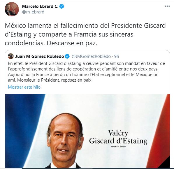 El canciller lamentó la muerte del ex mandatario francés  (Foto: Twitter/@m_ebrard)