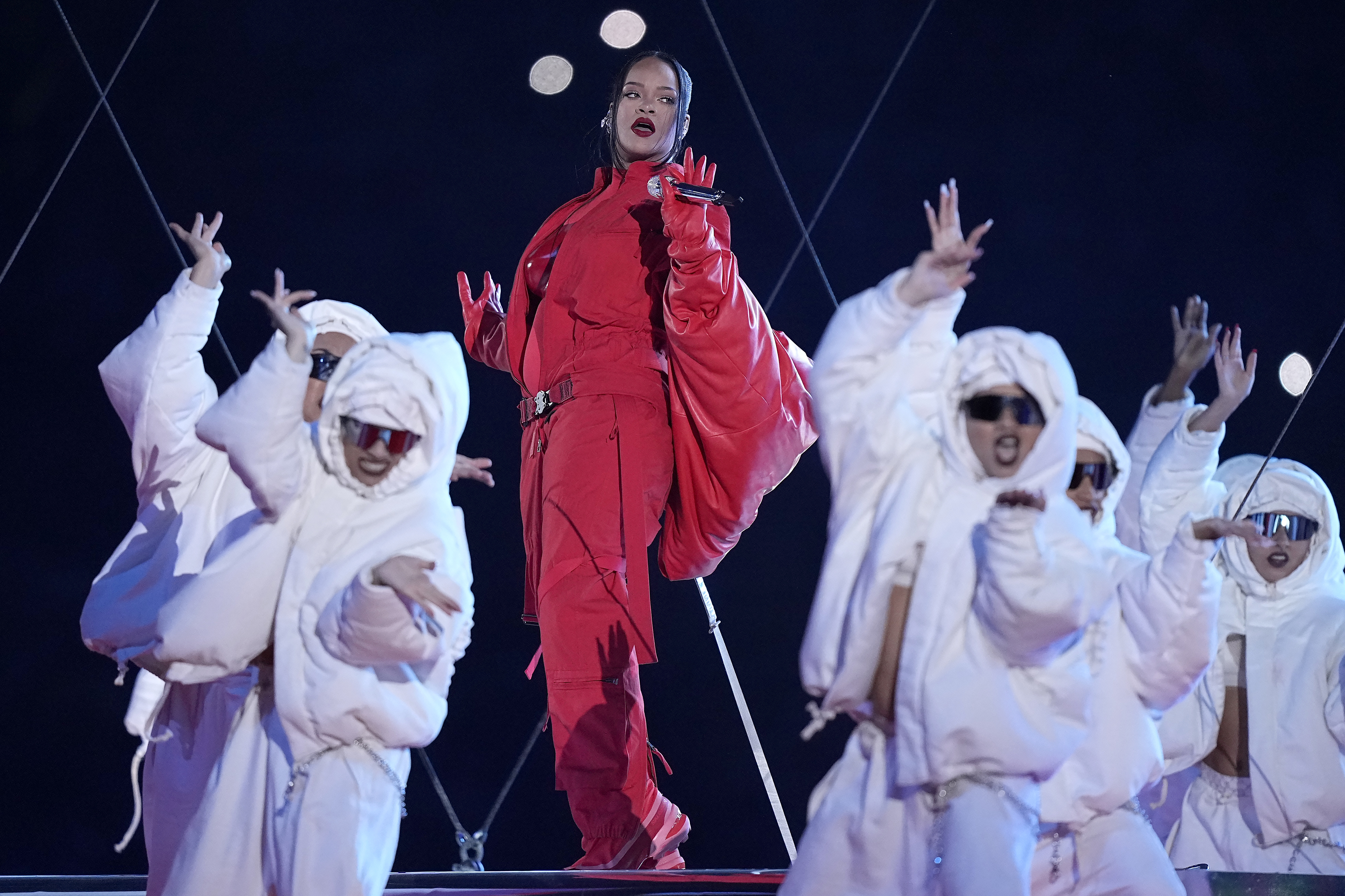 Rihanna performs during the NFL Super Bowl 57 halftime show between the Kansas City Chiefs and Philadelphia Eagles on Sunday, February 12, 2023, in Glendale, Arizona.  (AP Photo/Brynn Anderson)