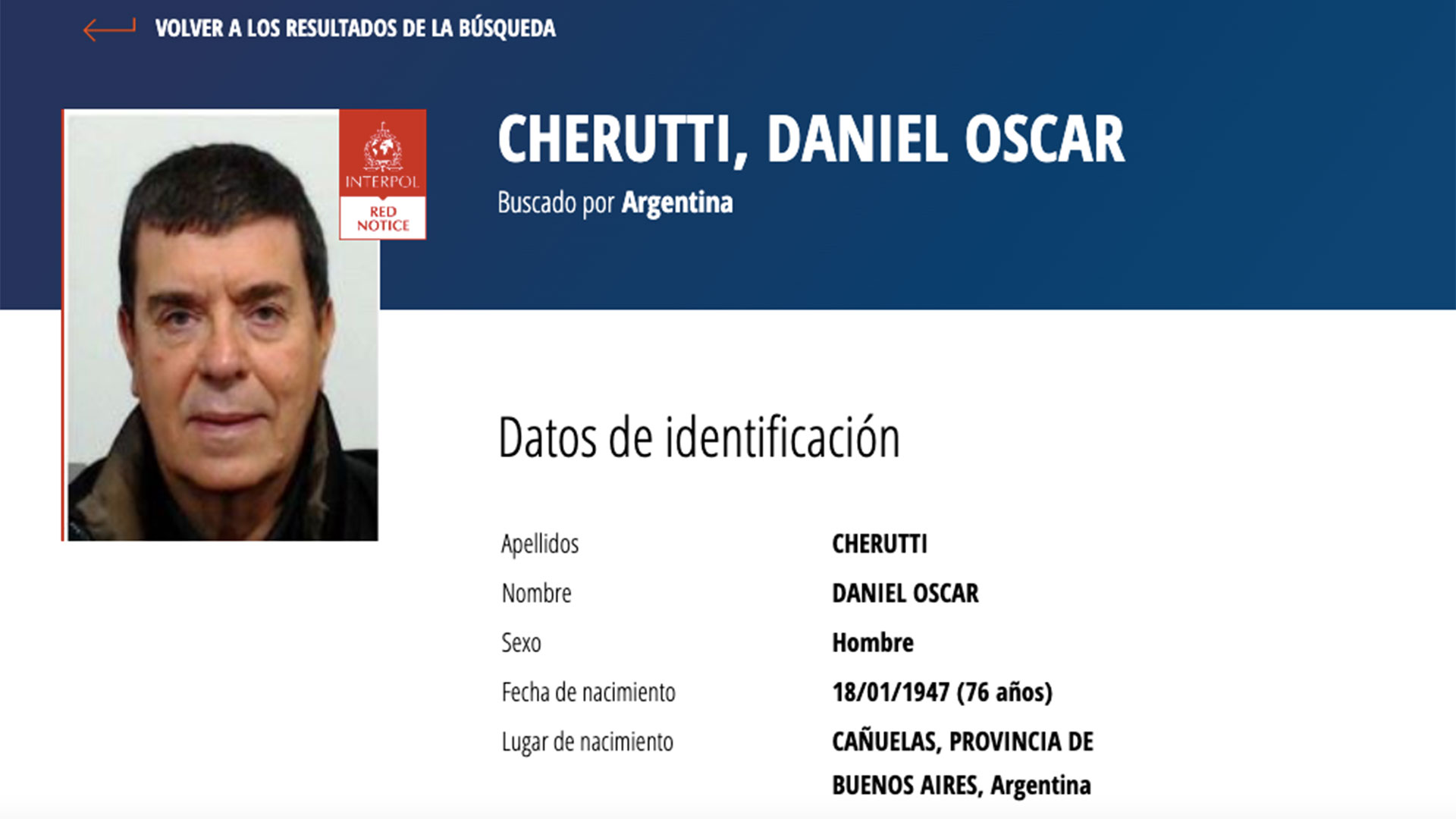 Los datos que brindó Interpol de Daniel Oscar Cherutti, acusado de haber cometido crímenes de lesa humanidad