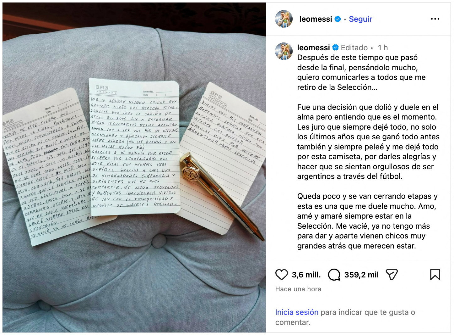 Qu&eacute; significa el detalle que revel&oacute; la lapicera de Lionel Messi en la carta de despedida de la Selecci&oacute;n: el gui&ntilde;o a Harry Potter