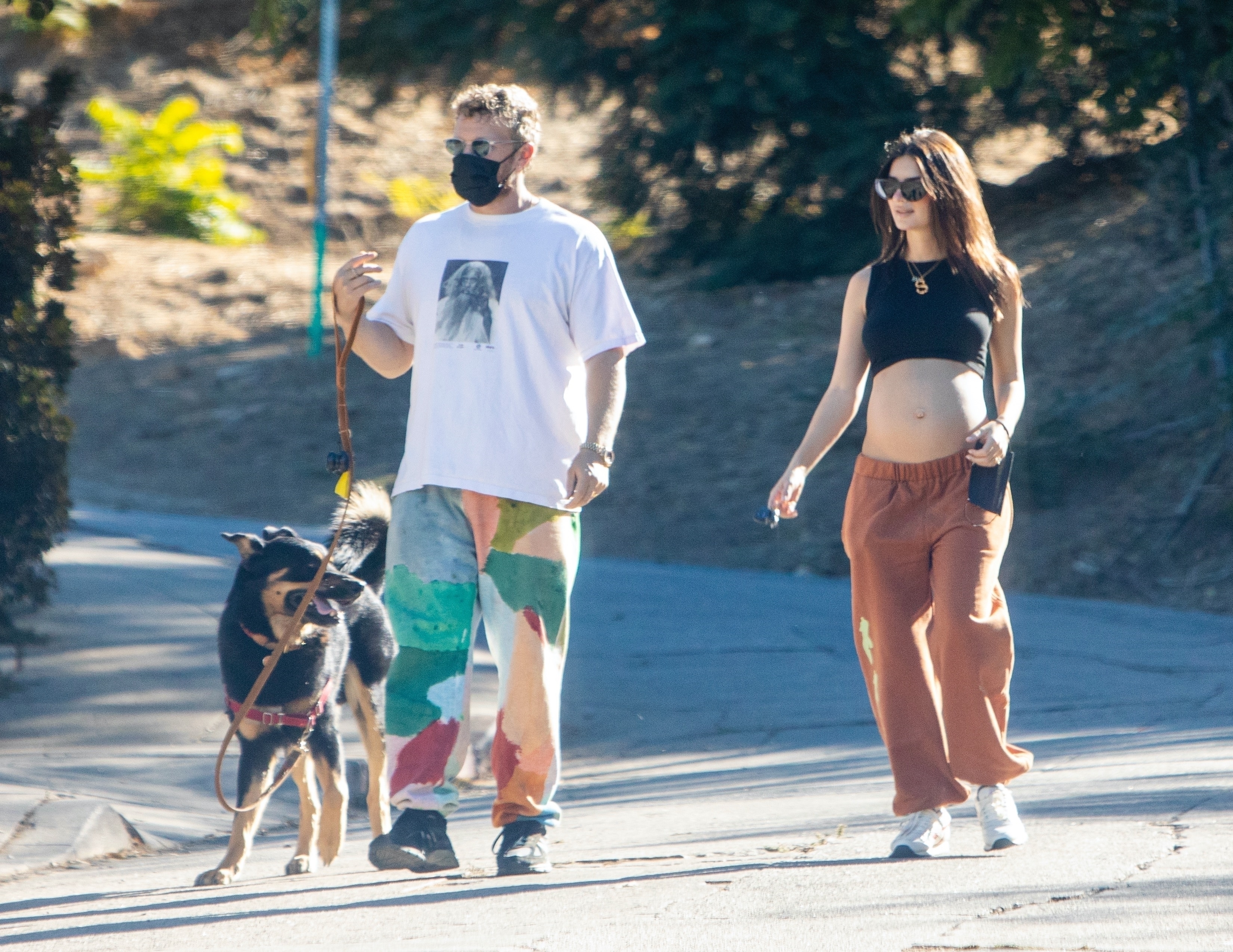 File photo: Emily Ratajkowski, pregnant, and her husband Sebastian Bear-McClard take their dog for a walk in Los Angeles on November 15, 2020 (Backgrid/The Grosby Group)