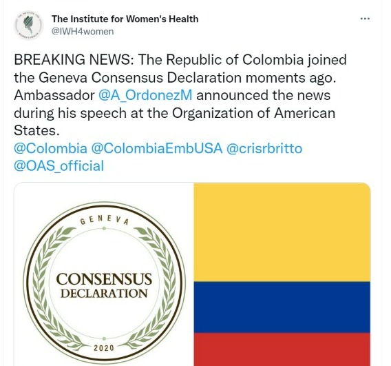 Consenso Ginebra celebró la suma de Colombia. Foto: Twitter @IWH4women