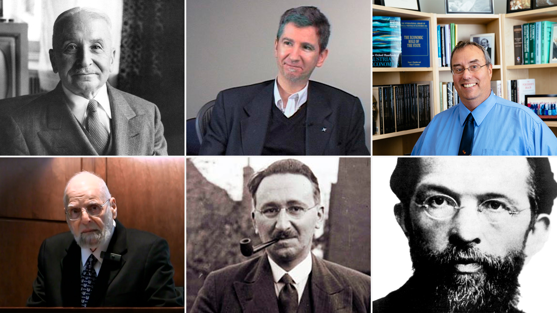 Algunos economistas de la escuela austríaca: Ludwig von Mises, Gabriel Zanotti, Peter Boettke, Israel Kirzner, Friedrich Hayek y Carl Menger