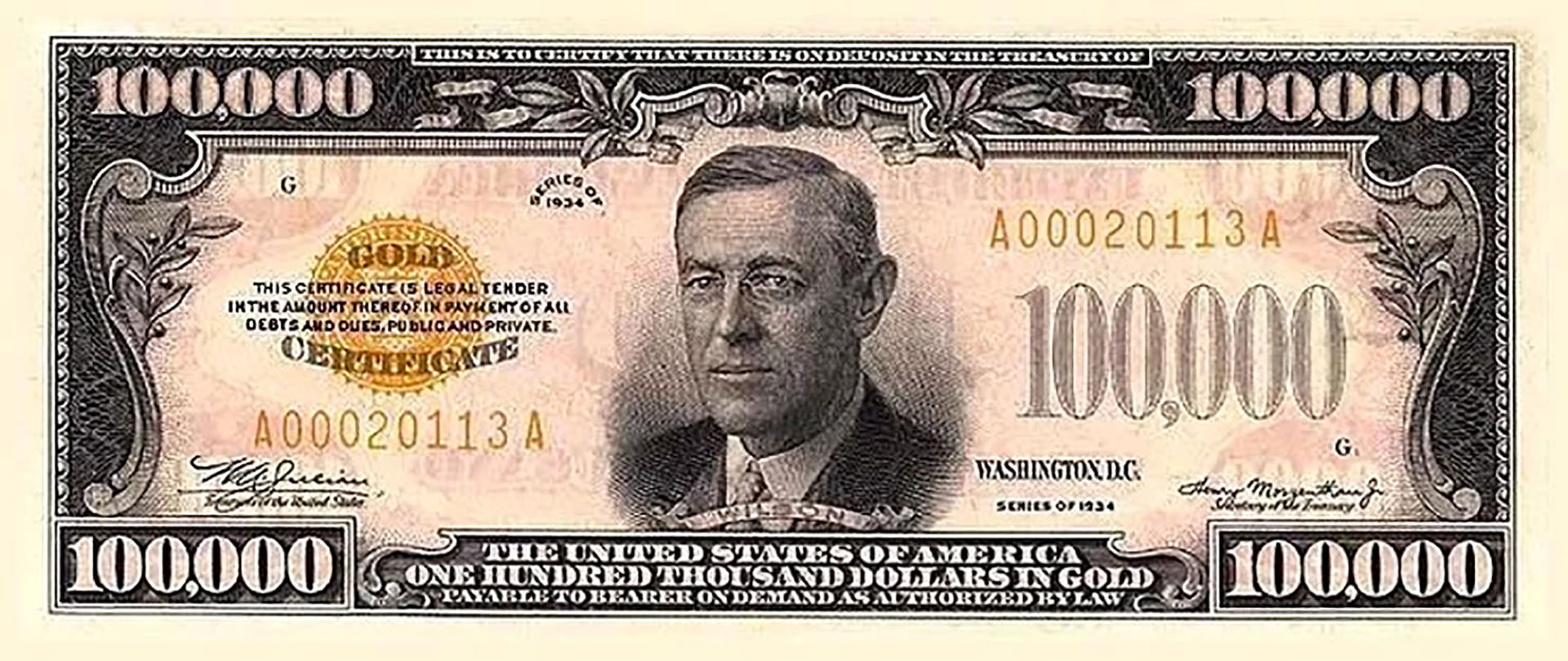 El billete de mayor denominación alguna vez emitido por los EEUU es de USD 100.000. Pero nunca circuló, sólo se utilizó para transacciones entre bancos de la Reserva Federal