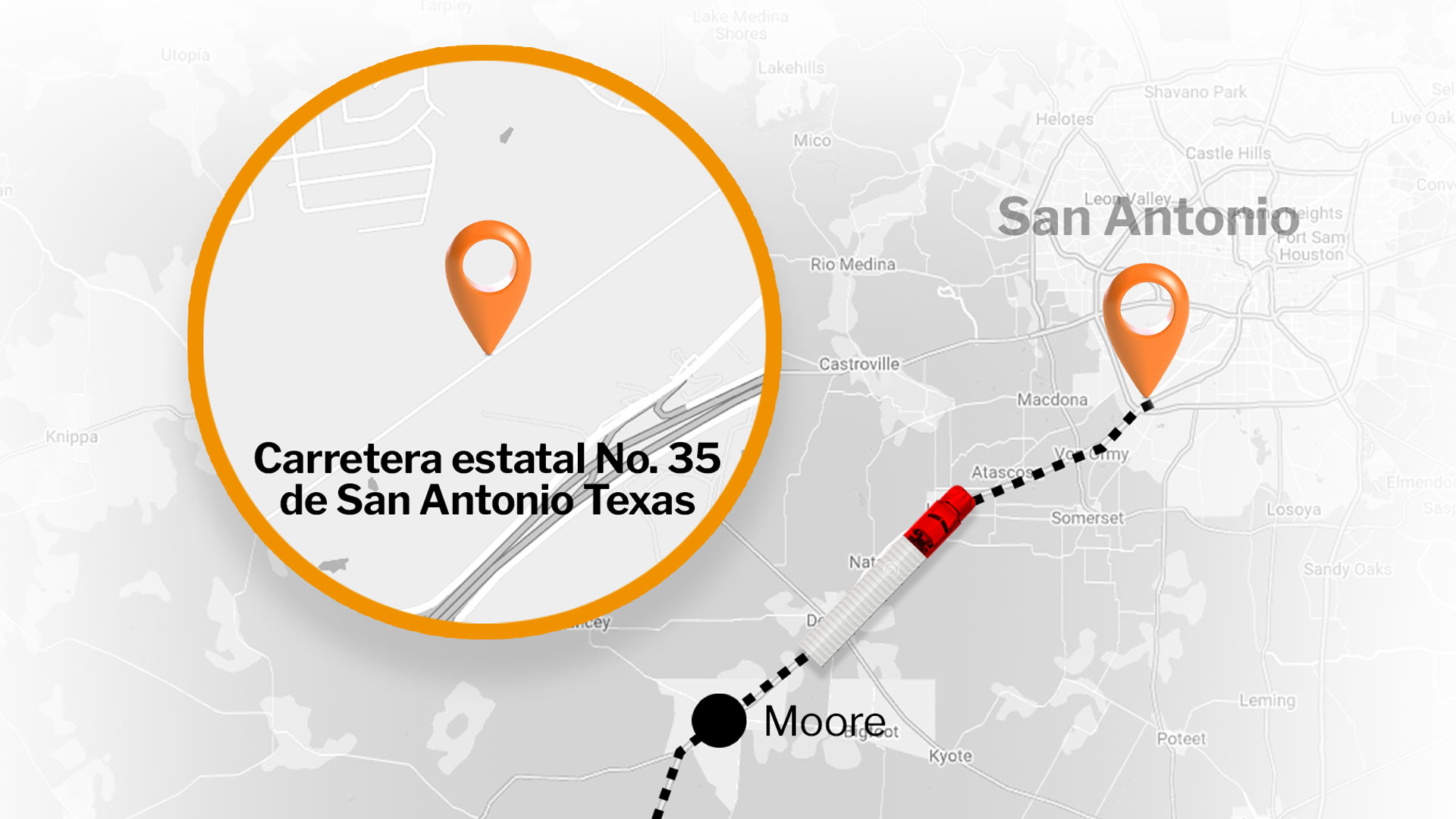 El camión fue estacionado a 235km de la frontera con México y a 25km de San Antonio. (Ilustración: Infobae)
