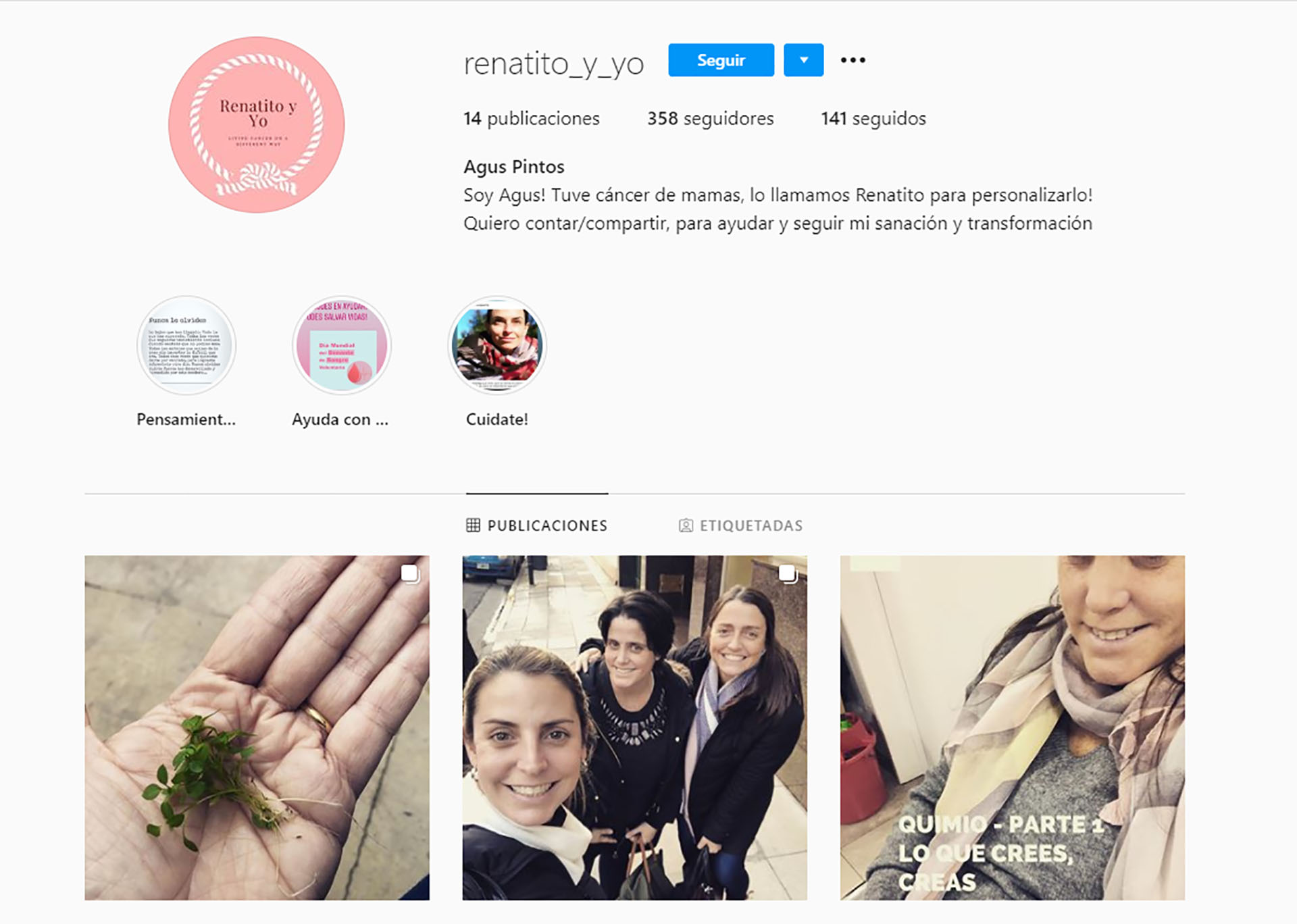 Con la idea de transmitir su experiencia y de ayudar a quiénes atraviesen una situación similar, Agustina abrió una cuenta de Instagram que llamó @renatito_y_yo. 