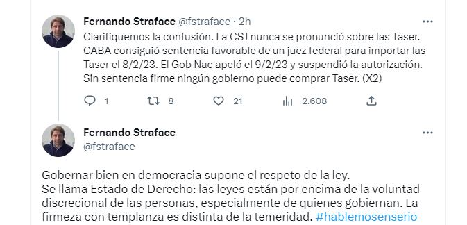 Tuit de Fernando Straface, secretario general y de Relaciones Internacionales del gobierno porteño