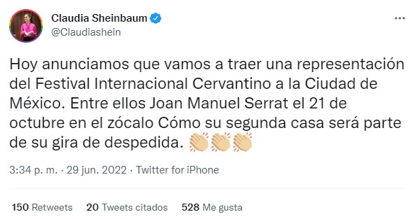Tanto en conferencia de prensa como por medio de redes sociales Claudia Sheinbaum confirmó la asistencia de Joan Manuel Serrat en las actividades del Festival Cervantino
Captura: Twitter @Claudiashein
