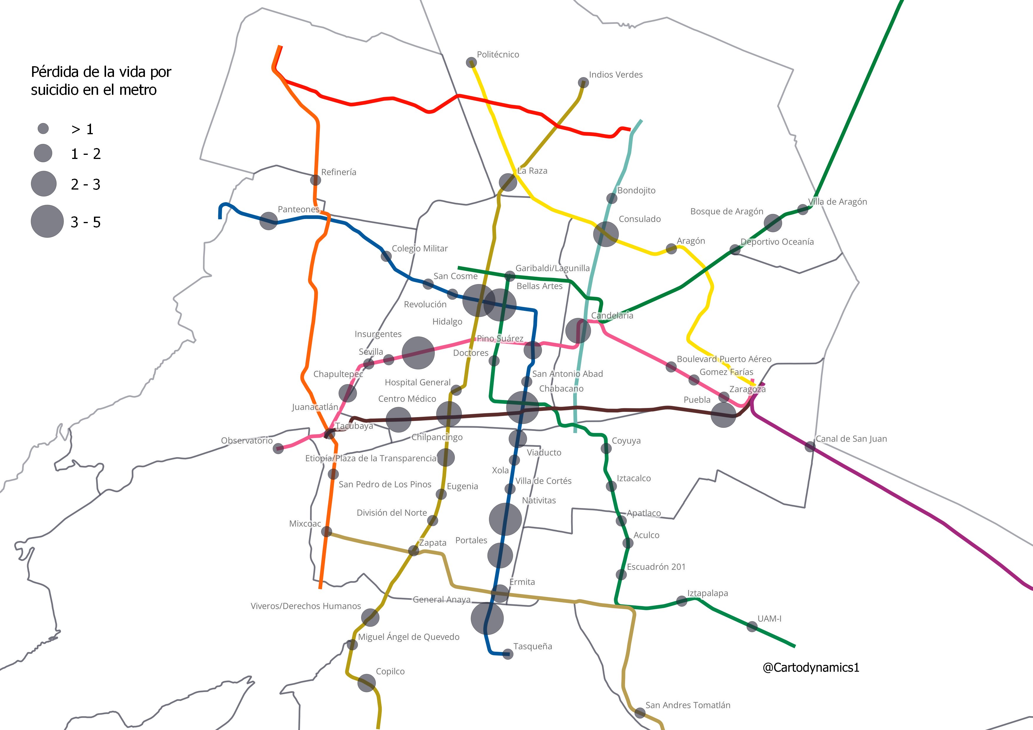 Mapa que muestra en qué estaciones del Metro de la CDMX se registran más suicidios. 
(@cartodynamics1)
