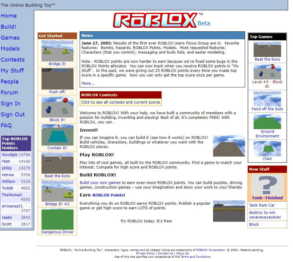 Página web del videojuego Roblox en el año 2005. (Web Design Museum)
