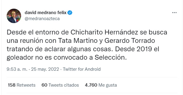 David Medrano reveló que Chicharito Hernández quiere solucionar sus diferencias con el Tata Martino (Foto: Twitter/@medranoazteca)