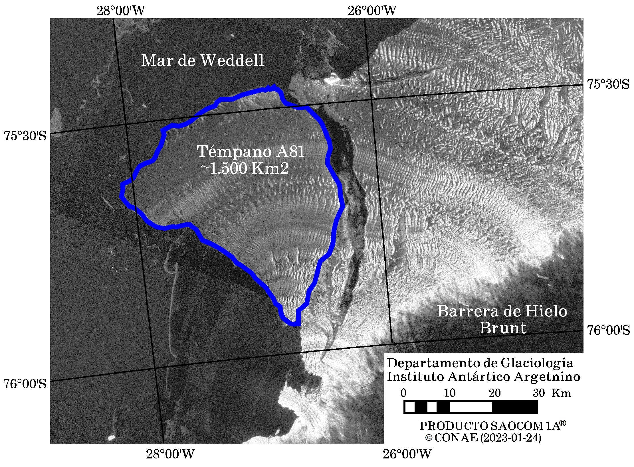 Imagen satelital del témpano realizada por la Comisión Nacional de Actividades Espaciales (Fuente: Télam)