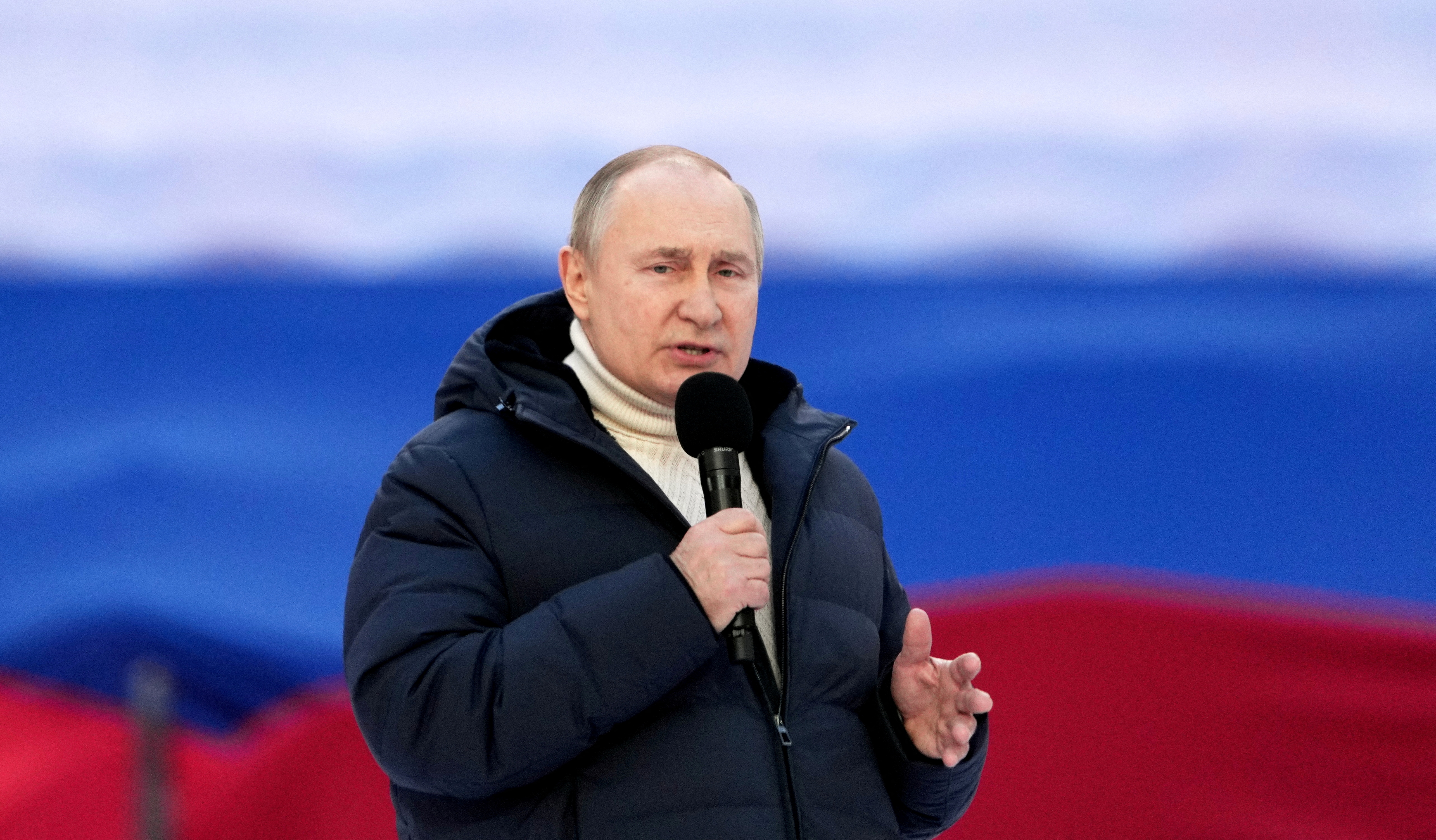 FILE PHOTO: Russian President Vladimir Putin delivers a speech during a concert marking the eighth anniversary of Russia's annexation of Crimea at Luzhniki Stadium in Moscow, Russia March 18, 2022. RIA Novosti Host Photo Agency/Alexander Vilf via REUTERS/File Photo