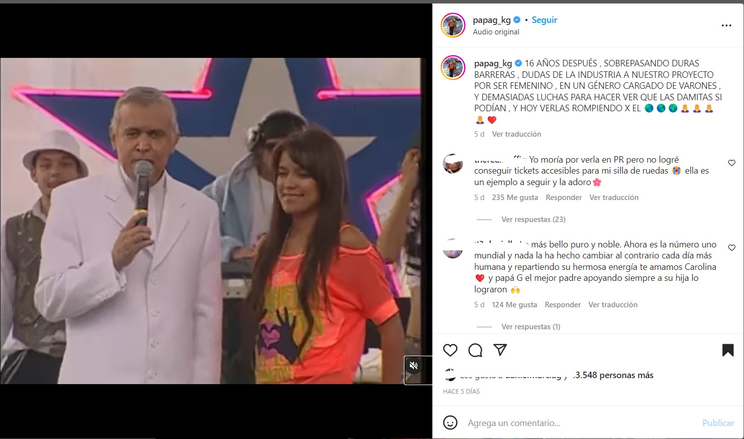 Las palabras del padre de Karol G sobre el concierto de su hija en El Show de las Estrellas. Foto: Instagram @papag_kg