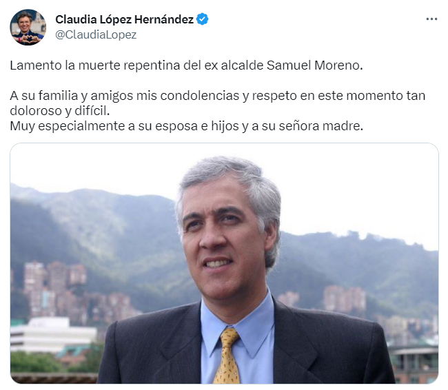 Claudia López envió condolencias a la familia de Samuel Moreno tras su deceso a los 62 años de edad