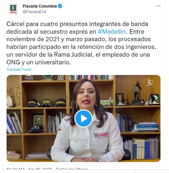De esta manera lo publicó el ente investigador. Foto: Twitter @FiscaliaCol