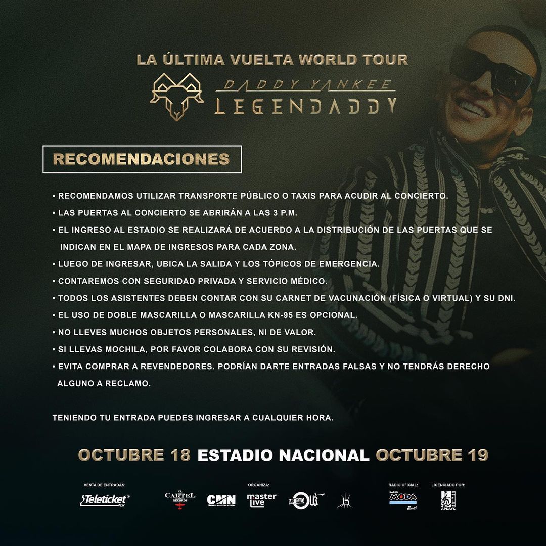 as recomendaciones para ir al concierto de Daddy Yankee Lima 2022. Instagram