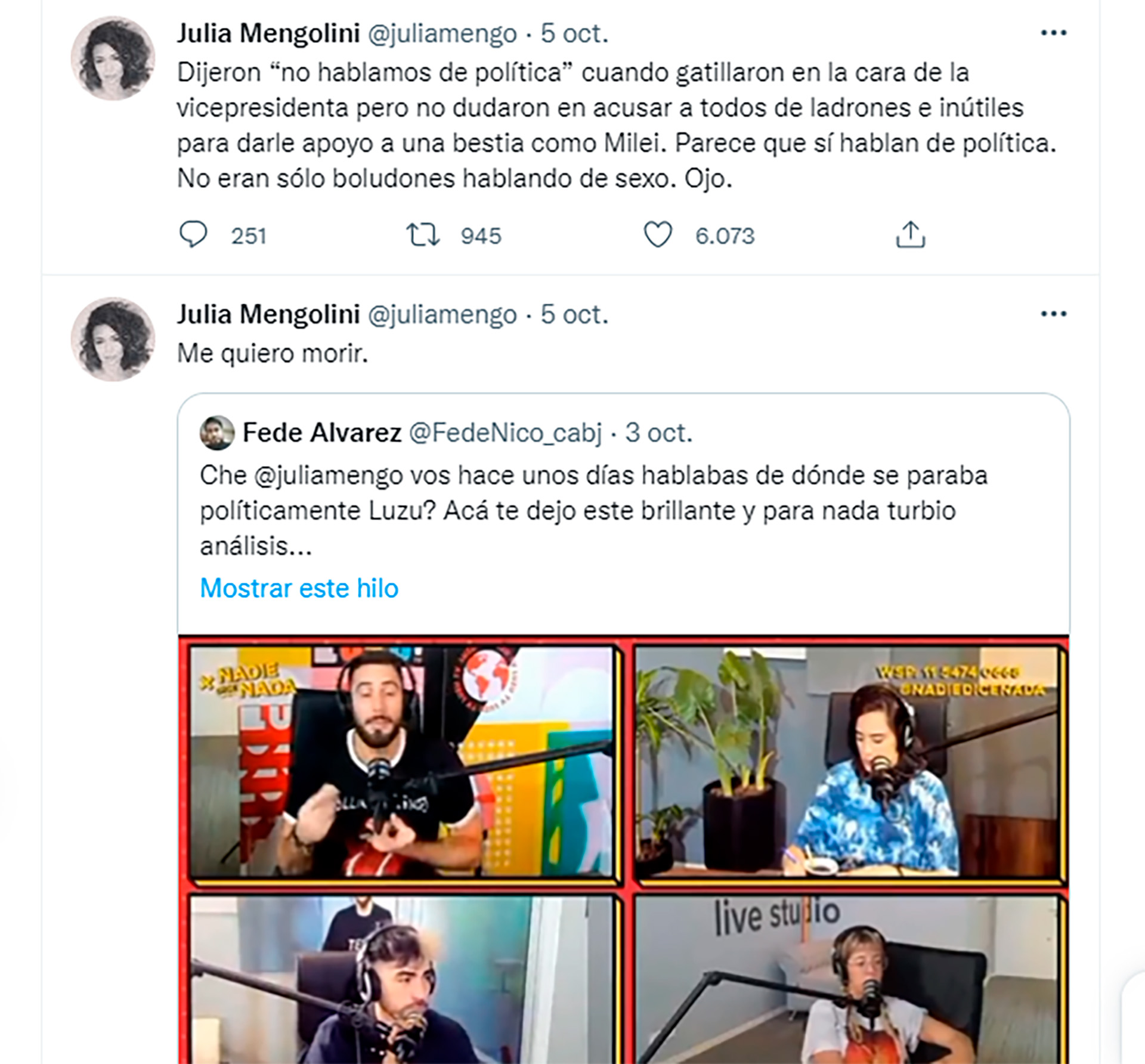 Los tweets de Julia Mengolini en contra de la opinión de Nicolás Occhiato sobre Javier Milei (Foto: Twitter)