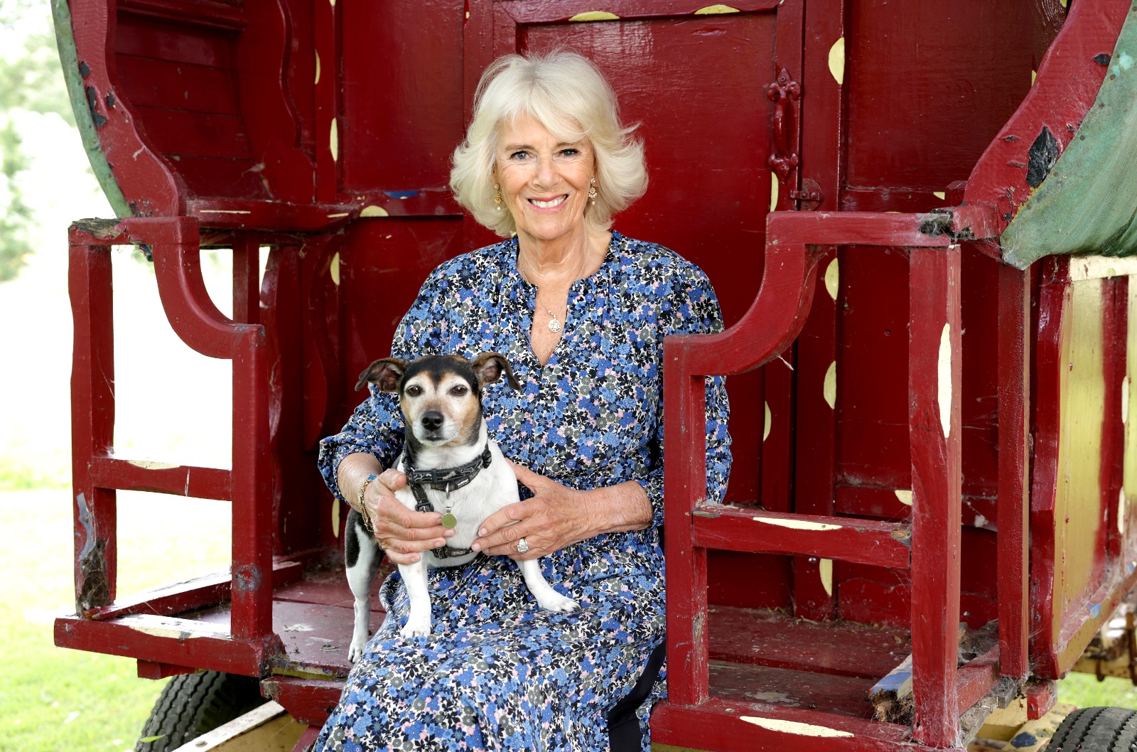 Las imágenes, tomadas por Chris Jackson, y compartidas por la cuenta oficial de Twitter del Palacio de Buckingham, @Royalfamily, vieron a Camilla con su linda perra de rescate Beth sentada en los escalones de una caravana vintage.
