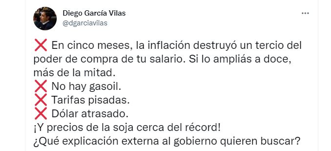 El tuit de Diego Vilas sobre la inflación
