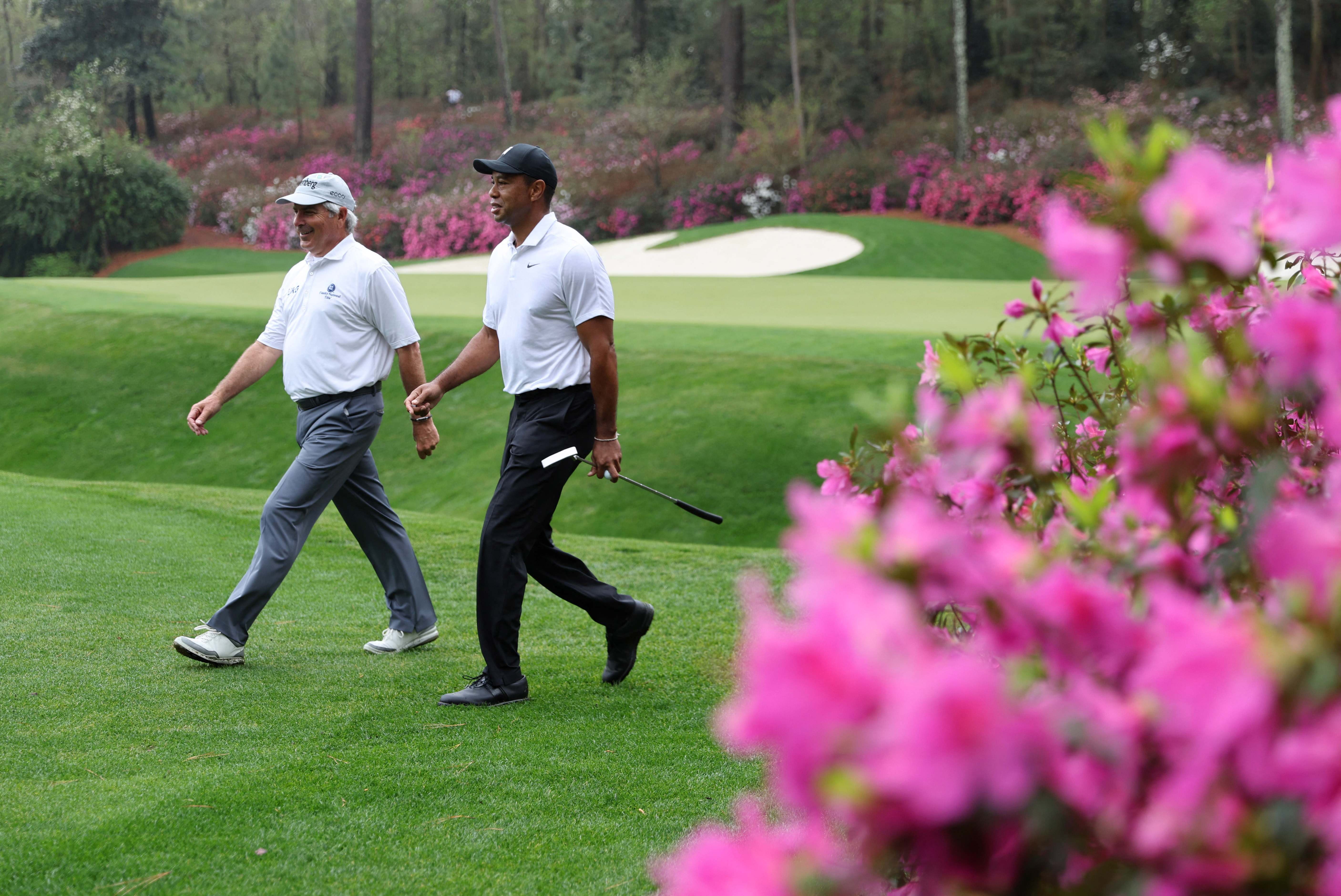 Tiger Woods, que vuelve a un torneo luego de 17 meses, y Fred Couples, caminan enmarcados por las célebres azaleas de Augusta, el evento golfístico que marca el inicio de la temporada 