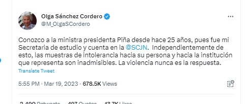 Sánchez Cordero reprobó "actos de intolerancia" contra Norma Piña y la SCJN. (Twitter)