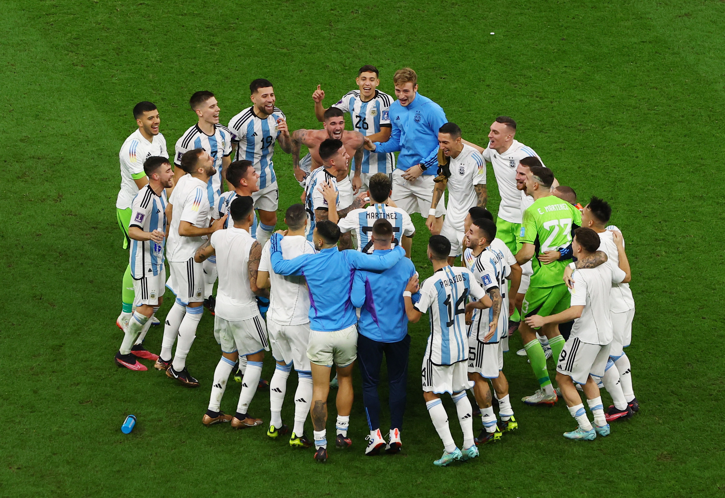 Soccer Football - FIFA World Cup Qatar 2022 - Semi Final - Argentina v Croatia - Lusail Stadium, Lusail, Qatar - December 14, 2022 General view as Argentina players celebrate after the match as Argentina progress to the final REUTERS/Paul Childs