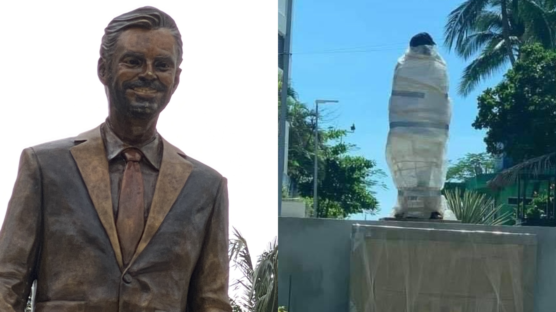 Inauguraron y vandalizaron estatua de Eugenio Derbez en Acapulco (Foto: Twitter / @eyc1104 - @JorgMontesDeOca)