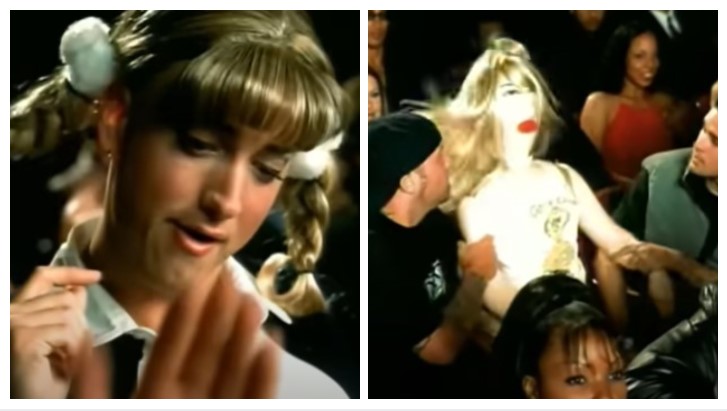 Eminem mocked Britney Spears by dressing like her and Cristina Aguilera by portraying her as an inflatable doll in her video "The Real Slim Shady"