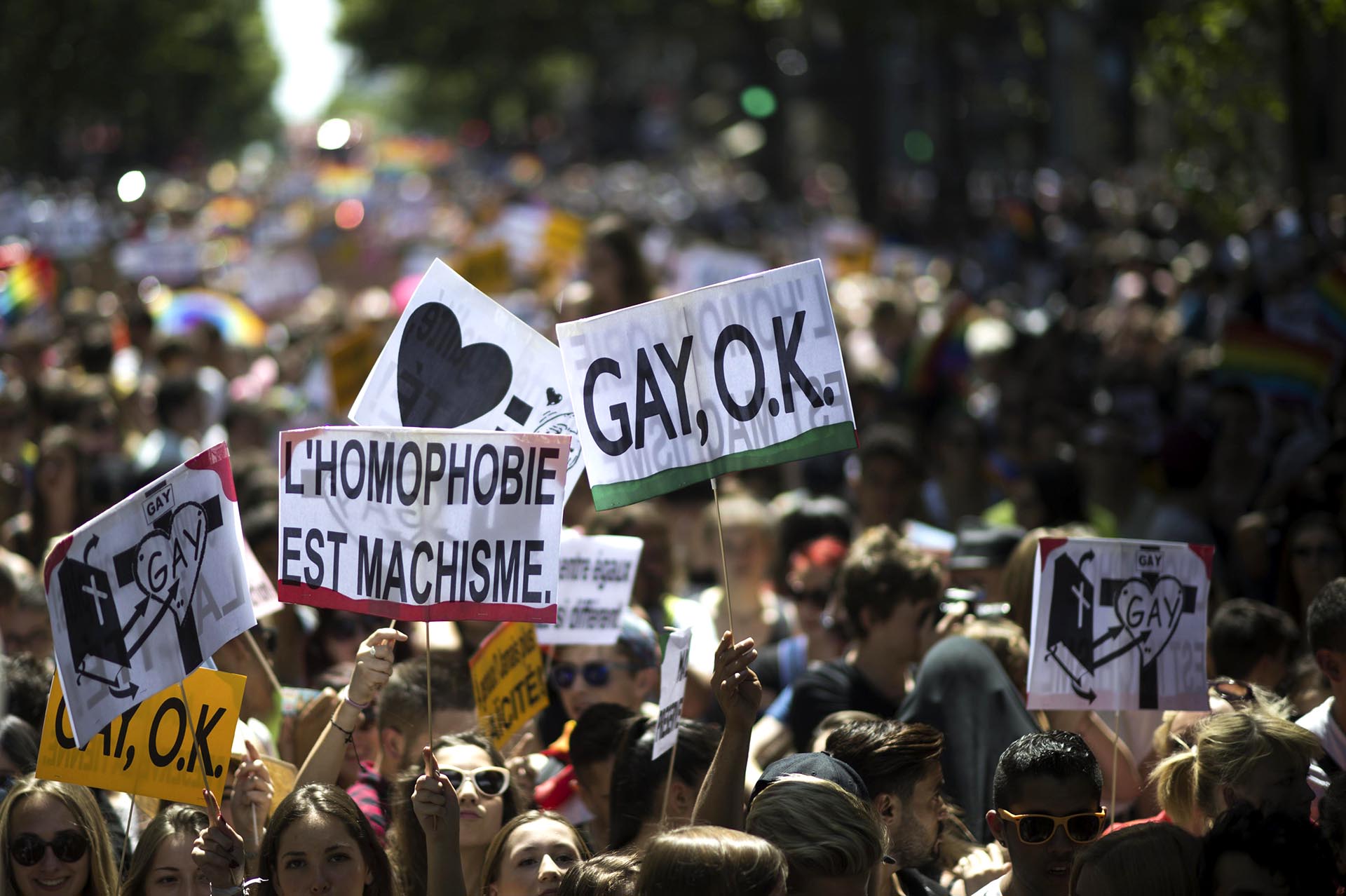 Manifestantes en París sostienen carteles que dicen