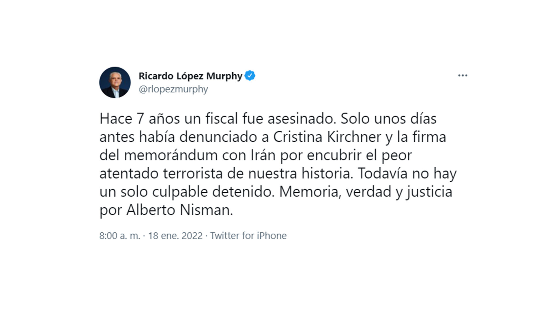Tuit del diputado de Juntos por el Cambio, Ricardo López Murphy
