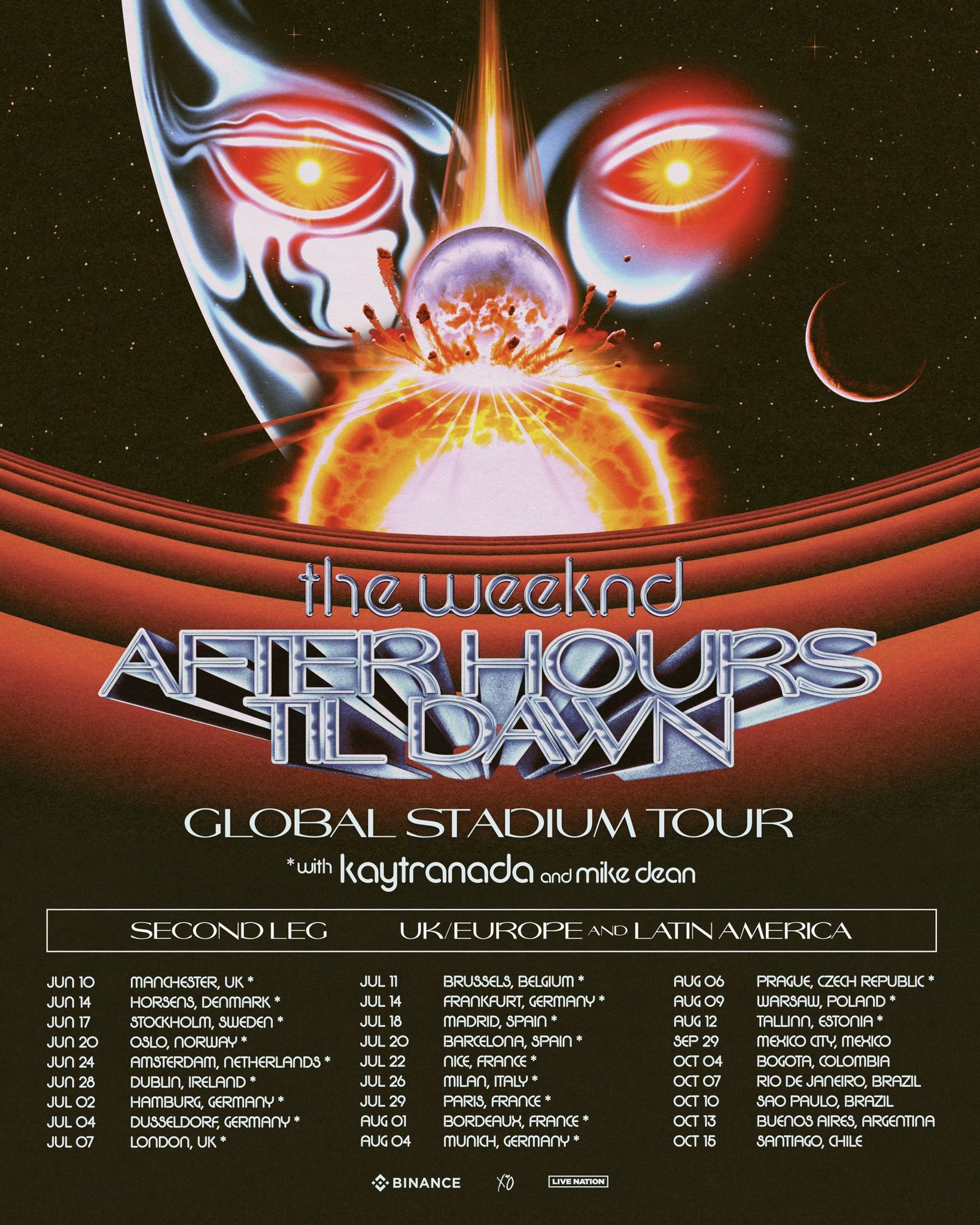 Poster de próximas fechas para el tour The Weeknd por Europa y Latinoamérica en 2023