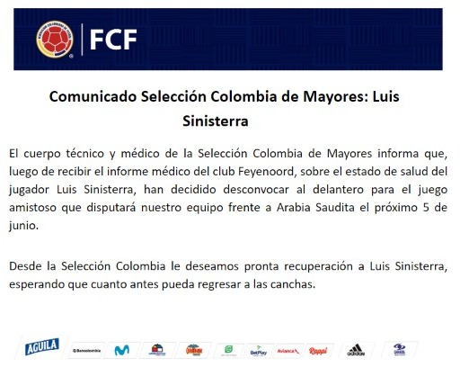 Luis Sinisterra estará fuera contra Arabia Saudita de Colombia.  Foto: FCF