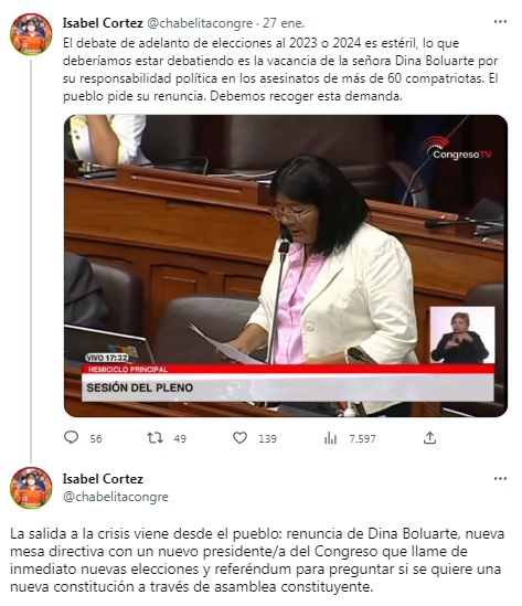 Firma y pronunciamiento de la congresista Isabel Cortez contra la presidenta Dina Boluarte.