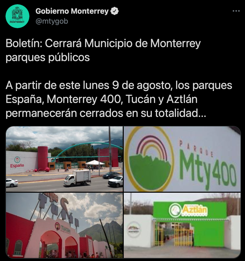 Parques públicos permanecerán cerrados “en su totalidad” por semáforo rojo  en Monterrey - Infobae