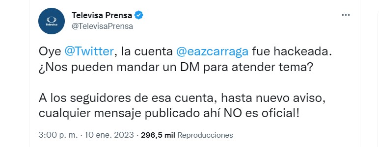 El perfil verificado del dueño de Televisa fue hackeado de acuerdo con la oficina de prensa de la televisora de San Ángel (Captura de pantalla)