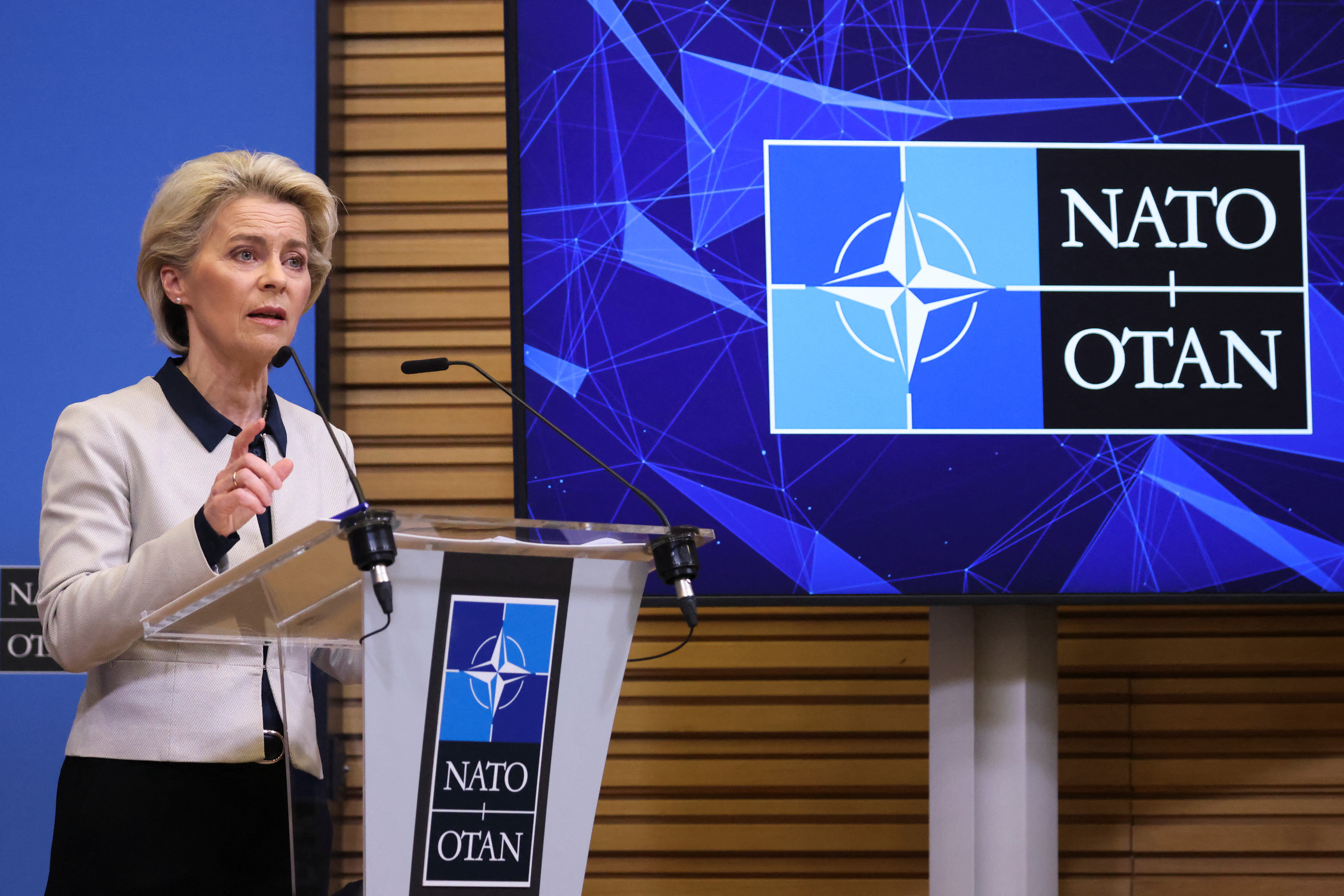 European Commission President Ursula von der Leyen speaks during a joint news conference, with European Council President Charles Michel and NATO Secretary General Jens Stoltenberg, on Russia's attack on Ukraine, in Brussels, Belgium February 24, 2022. REUTERS/Yves Herman