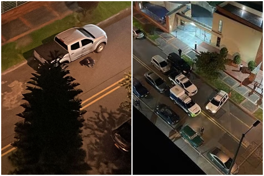 En la primera imagen, se ve al subintendente Javier Galeano, conductor del coronel Óscar Dávila, tendido en el suelo. En la segunda se ven las unidades de la Policía presentes en la zona del deceso. Fotos suministradas Infobae