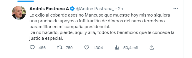 El expresidente le envió una tajante respuesta al excomandante paramilitar por su declaración ante la JEP.
Twitter (@AndresPastrana_)