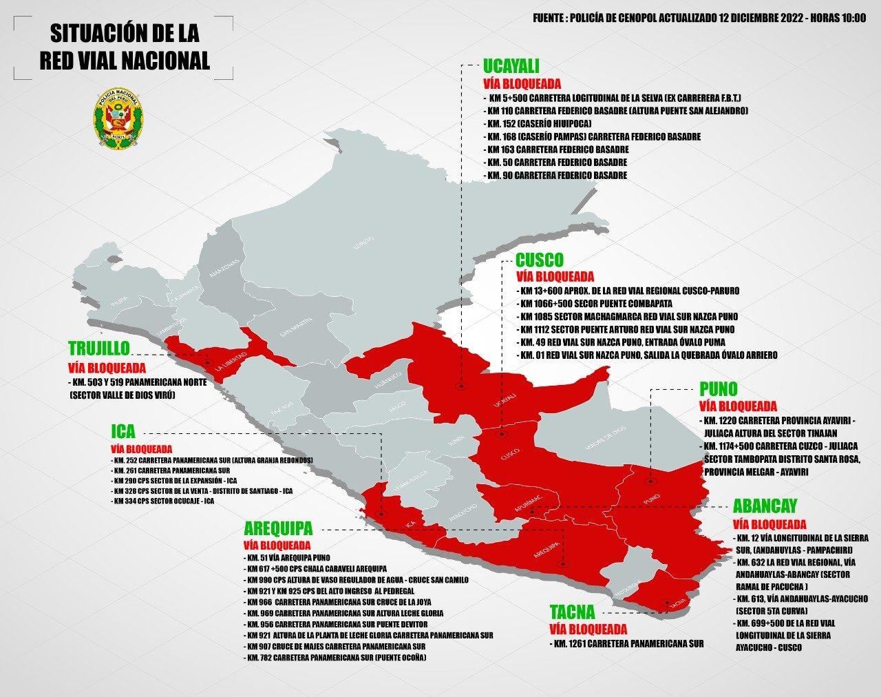 Mapa de carreteras bloqueadas en Perú por huelga. (PNP)