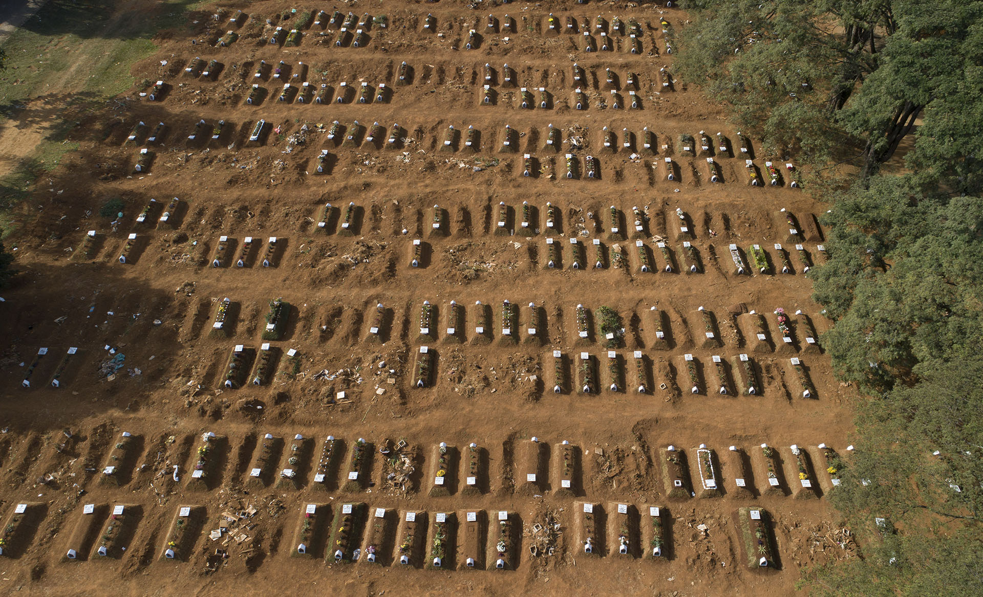 Tumbas abiertas en el cementerio de Vila Formosa durante la pandemia de coronavirus en Sao Paulo, Brasil, el jueves 30 de abril de 2020. (Foto AP/Andre Penner)