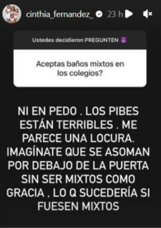 Cinthia Fernández exposed the married soccer players who write to her on Instagram and showed her position on mixed bathrooms (Photo: Instagram)