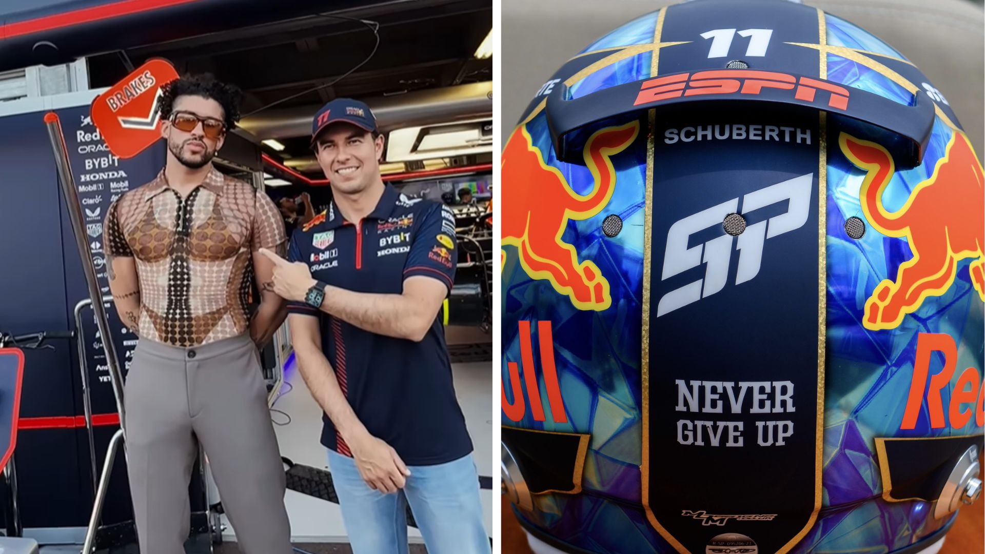 Checo Pérez y Bad Bunny presentaron le nuevo casco del piloto para el Gran Premio de Mónaco (Instagram/ @redbullracing)