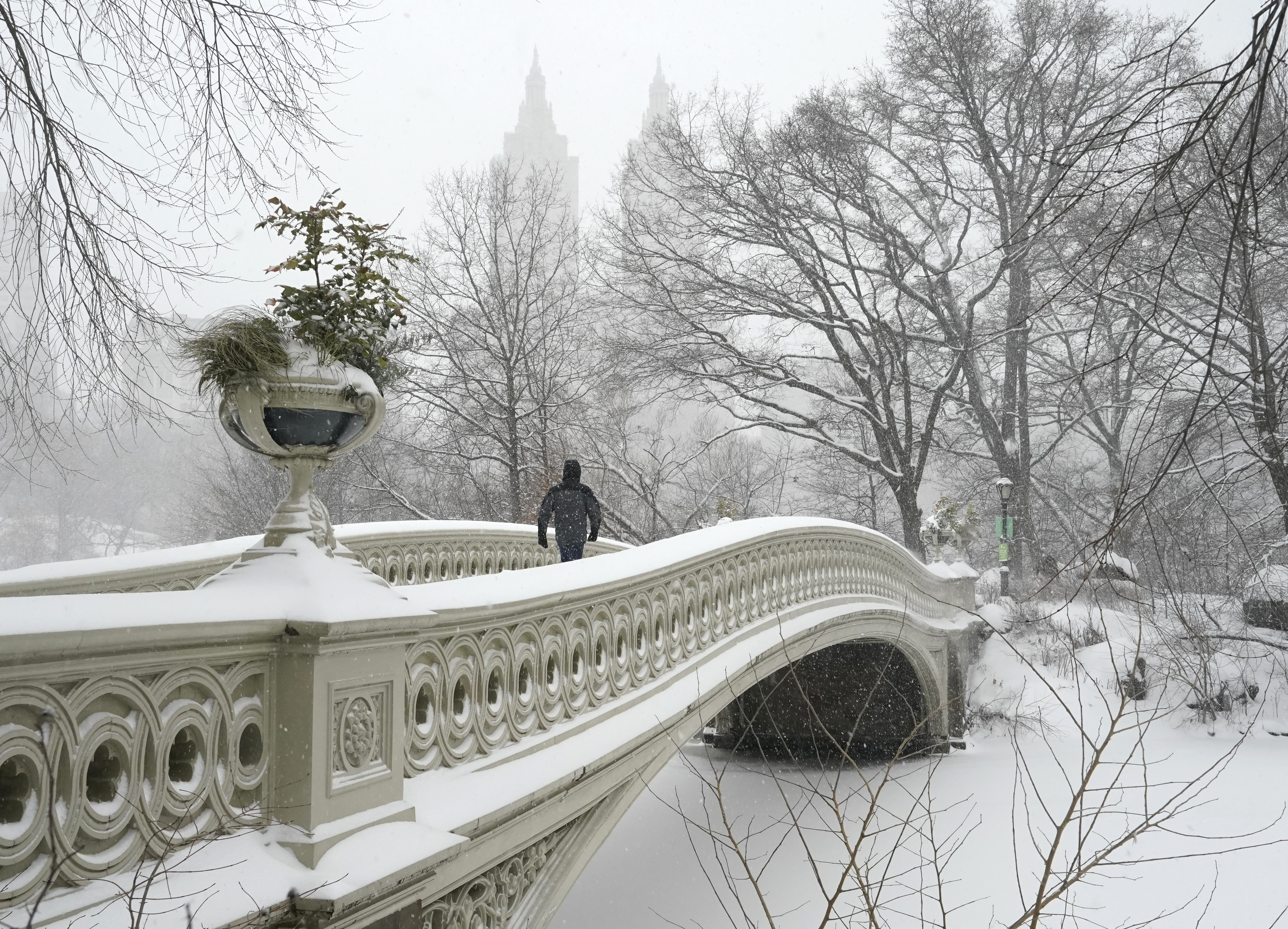 Una persona cruza el puente Bow de Central Park en medio de la tormenta. (TIMOTHY A. CLARY / AFP)