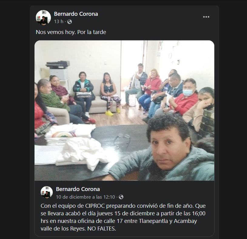 Por la mañana del jueves 15 de diciembre Bernardo Corona compartió un mensaje en su cuenta de Facebook (Foto: captura de pantalla/Facebook/Bernardo Corona)