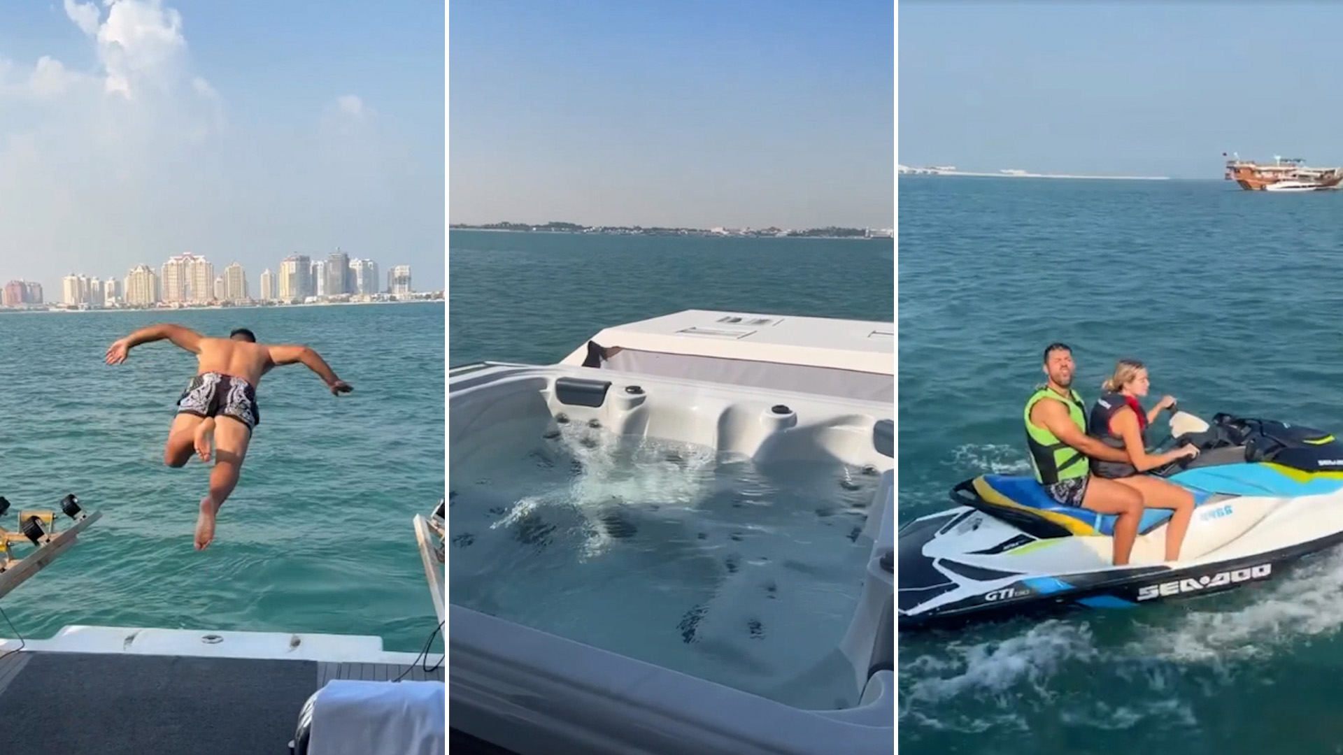 El paseo de lujo de Agüero con su hijo y Sofía Calzetti en Qatar: yate, jacuzzi y motos de agua